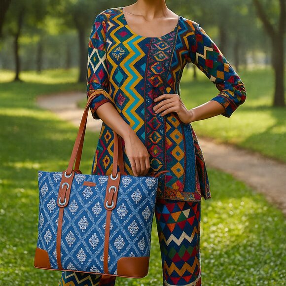 Blue Print Shoulder Tote Bag for Ladies, Hand Crafted Fabric Satchel Handbags - Picture 2 of 10